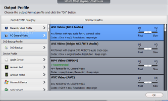 Showing the supported output profiles in WinX DVD Ripper Platinum